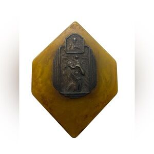 Vintage St. Christopher Devotional Brooch MCM Religious Pin Marbled Plastic Back